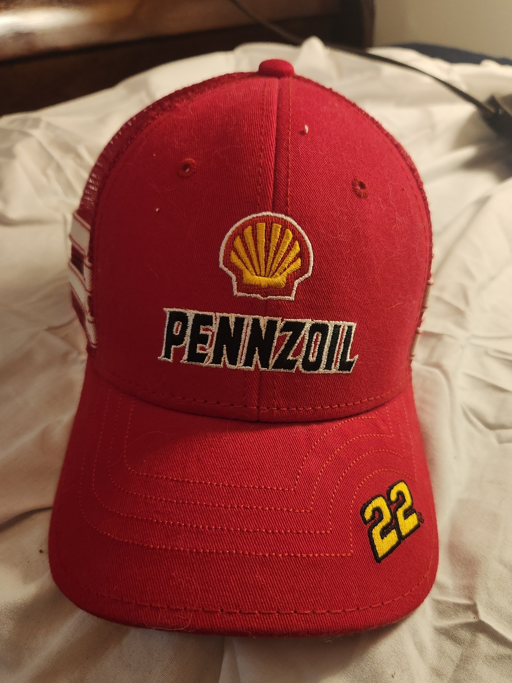 The Game Nascar Red Pennzoil Joey Lagano Embroidered Racing Trucker Hat